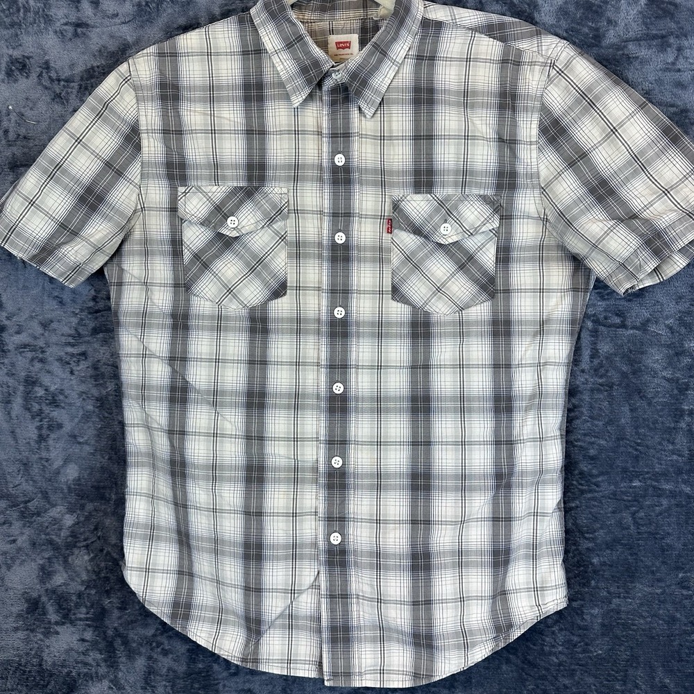 Levi's Mens M Plaid Woven Cotton Button Up Short Sleeve Shirt Pockets Gray